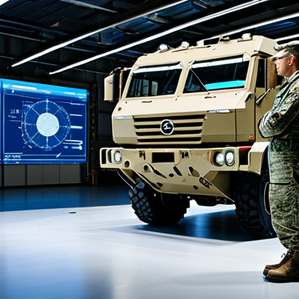 A professional military logistics engineer, fully clothed in a modest, appropriate military uniform, stands in a modern field environment near a large military transport vehicle. The engineer is looking at a transparent, holographic display showing predictive maintenance data, sensor readings, and real-time analytical graphs, emphasizing the power of IoT in proactive equipment management. The setting is clean and organized. Perfect anatomy, correct proportions, natural pose, well-formed hands, proper finger count, natural body proportions. Safe for work, appropriate content, fully clothed, professional, high quality, detailed, realistic photography.