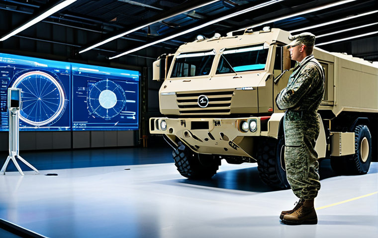 A professional military logistics engineer, fully clothed in a modest, appropriate military uniform, stands in a modern field environment near a large military transport vehicle. The engineer is looking at a transparent, holographic display showing predictive maintenance data, sensor readings, and real-time analytical graphs, emphasizing the power of IoT in proactive equipment management. The setting is clean and organized. Perfect anatomy, correct proportions, natural pose, well-formed hands, proper finger count, natural body proportions. Safe for work, appropriate content, fully clothed, professional, high quality, detailed, realistic photography.