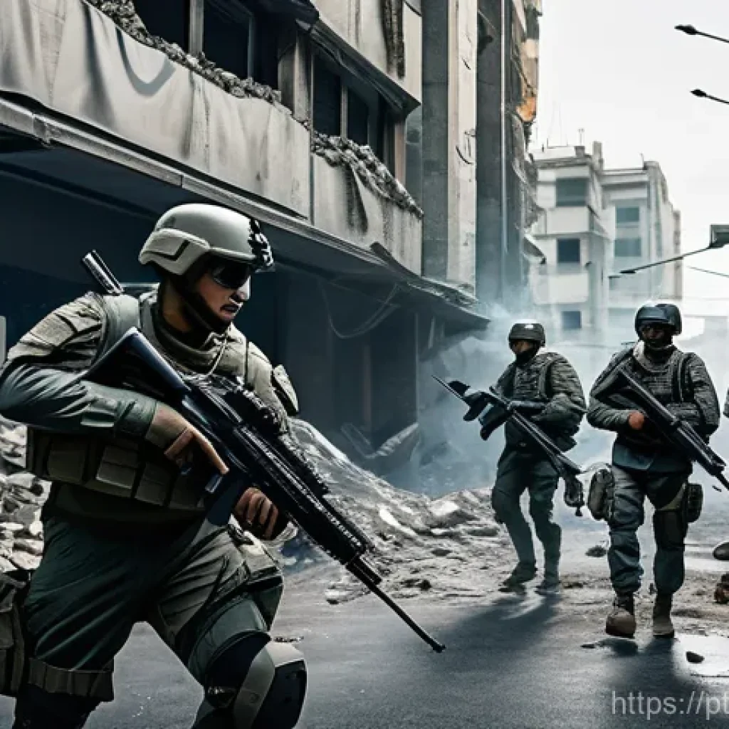육군 기계화 보병 전력 - **Prompt:** A dynamic scene depicting a modern mechanized infantry squad engaged in an urban combat ...