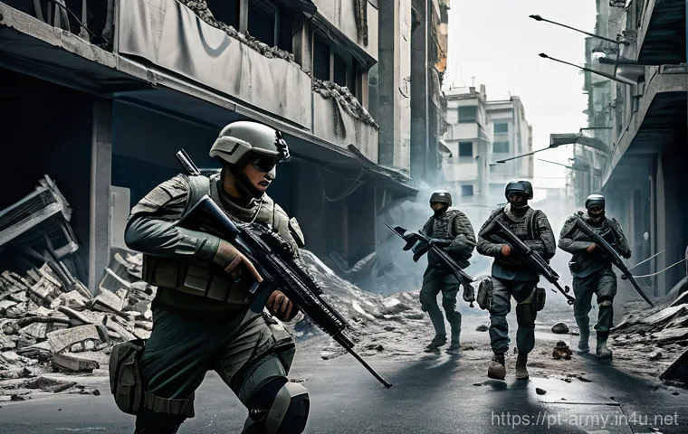 육군 기계화 보병 전력 - **Prompt:** A dynamic scene depicting a modern mechanized infantry squad engaged in an urban combat ...