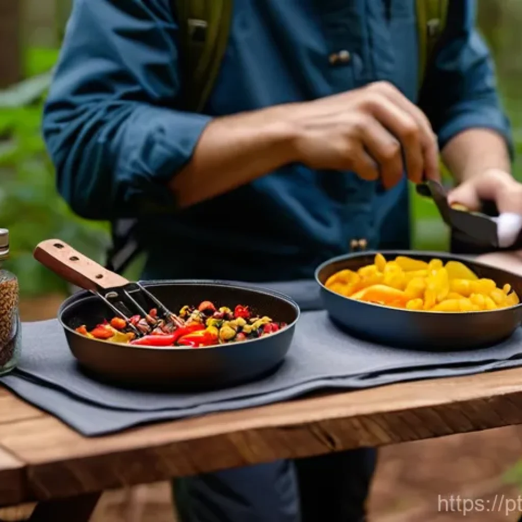 육군 야전 취사법 - **A meticulously organized outdoor chef's station for adventure.**
Detailed image of a person, g...