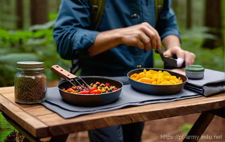 육군 야전 취사법 - **A meticulously organized outdoor chef's station for adventure.**
    Detailed image of a person, g...