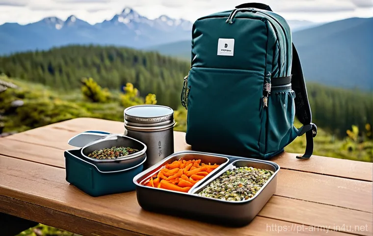 육군 야전 취사법 - **A meticulously organized outdoor chef's station for adventure.**
    Detailed image of a person, g...