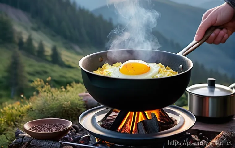 육군 야전 취사법 - **A meticulously organized outdoor chef's station for adventure.**
    Detailed image of a person, g...