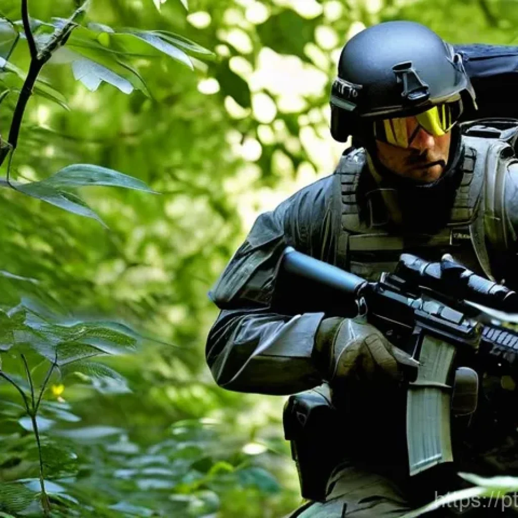육군 전술 이동 방식 - **"Silent Predator: Blending with the Environment"**
A lone figure or a small tactical unit, dre...