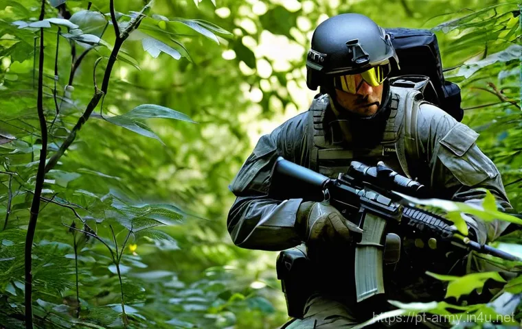 육군 전술 이동 방식 - **"Silent Predator: Blending with the Environment"**
    A lone figure or a small tactical unit, dre...