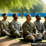 육군 전투 스트레스 관리 - A diverse group of soldiers in modern military uniforms performing deep breathing and progressive mu...