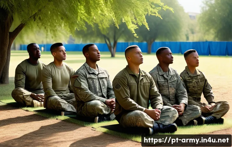 육군 전투 스트레스 관리 - A diverse group of soldiers in modern military uniforms performing deep breathing and progressive mu...