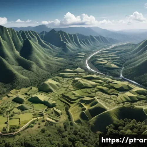 육군 전술 지형 분석 - A detailed aerial landscape depicting a tactical military operation area with varied terrain feature...