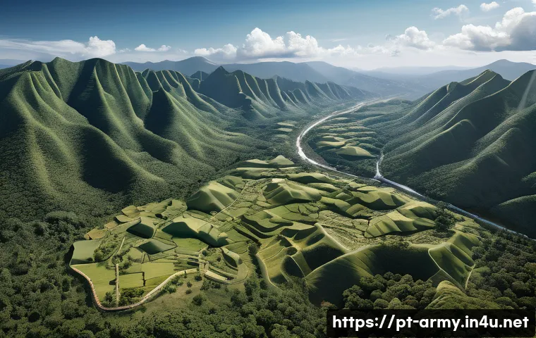 육군 전술 지형 분석 - A detailed aerial landscape depicting a tactical military operation area with varied terrain feature...