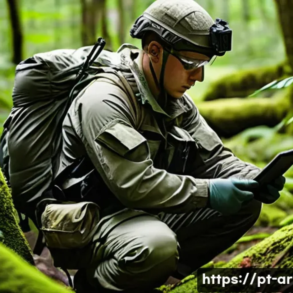 육군 야전훈련 필수 장비 - A detailed image of a soldier preparing for field training in a dense forest environment, wearing a ...