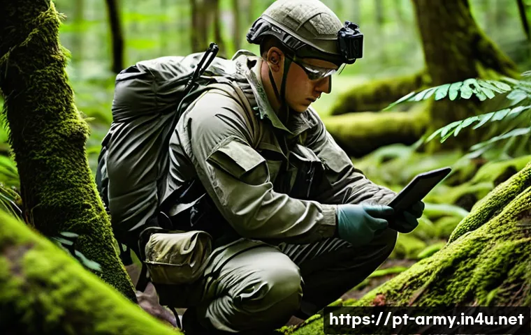 육군 야전훈련 필수 장비 - A detailed image of a soldier preparing for field training in a dense forest environment, wearing a ...