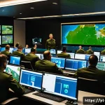육군 병과별 특징 - A detailed scene of a modern military command center in Brazil, featuring a diverse group of officer...