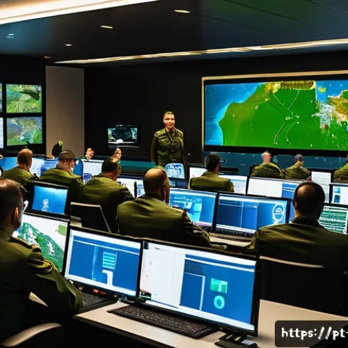 육군 병과별 특징 - A detailed scene of a modern military command center in Brazil, featuring a diverse group of officer...