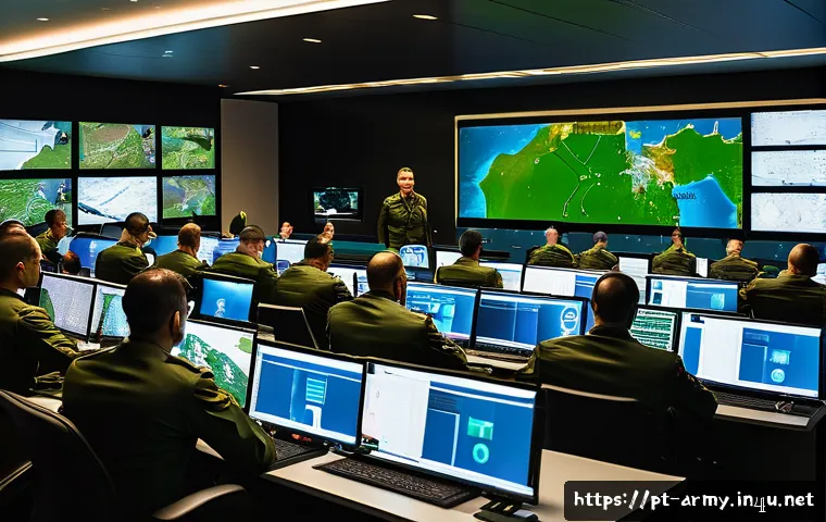 육군 병과별 특징 - A detailed scene of a modern military command center in Brazil, featuring a diverse group of officer...