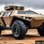 육군 군사 기술 발전사 - A futuristic autonomous military ground vehicle navigating a rugged and rocky battlefield terrain, e...