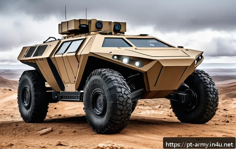 육군 군사 기술 발전사 - A futuristic autonomous military ground vehicle navigating a rugged and rocky battlefield terrain, e...