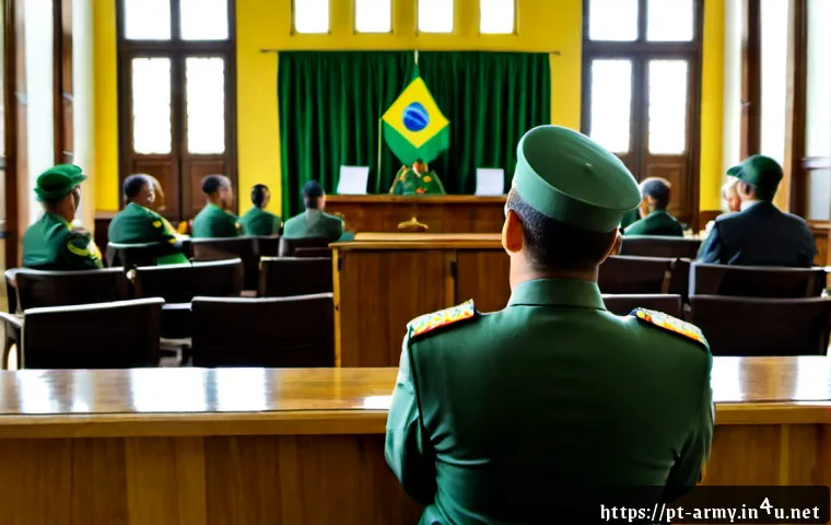 Home 17 육군 군사법 적용 사례 - Photorealistic Brazilian military legal hearing, a uniformed army officer seated respectfully before...