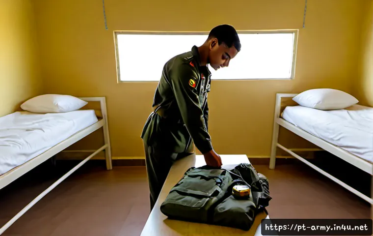 Home 17 육군 훈련소 생활 꿀팁 - Photorealistic Brazilian military training camp dormitory at dawn, young adult recruit in plain oliv...