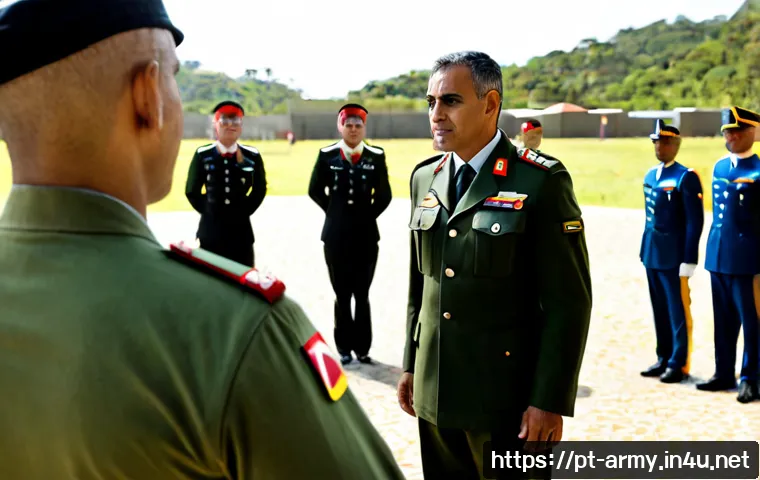 Home 17 육군 부대 내 계급별 역할 - Photorealistic Brazilian Army military base scene in daylight, a senior officer in formal olive-gree...