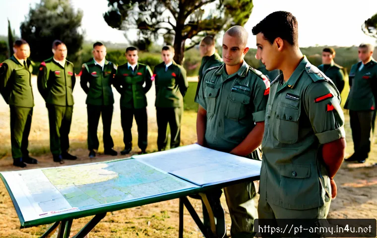 육군 장교 선발 과정 - Photorealistic Portuguese Army officer candidate selection day, diverse young adult candidates in pl...