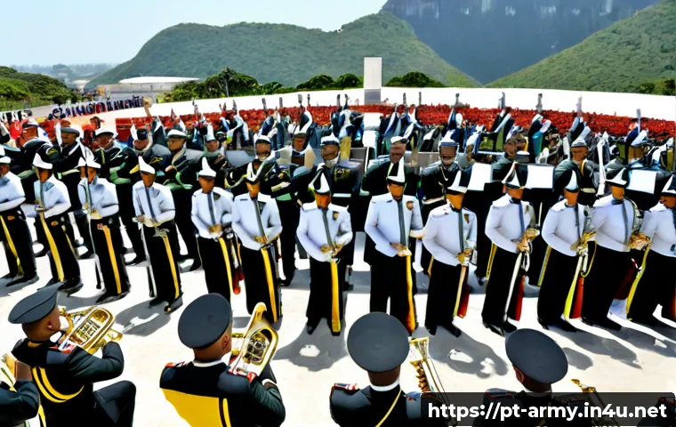 Home 17 육군 군악대 역할과 활동 - Photorealistic Brazilian Army military band performing at a formal civic ceremony in Brasília, unifo...